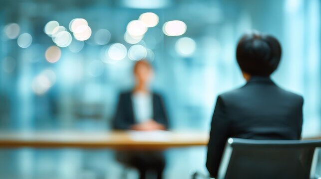 A blurred image of two people in a professional setting, likely an interview or a business meeting with a bright, modern office background.