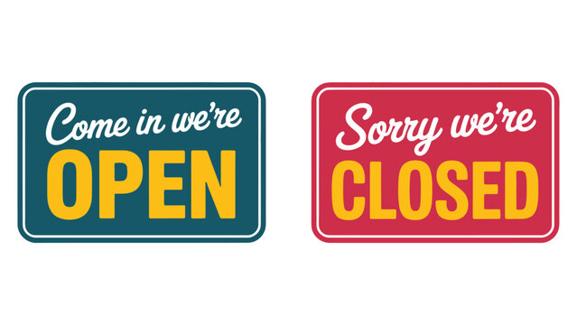 Open and Closed shop sign boards illustration set, business store status signage with colorful typography design