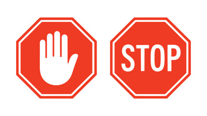 Red stop sign icons with hand symbol and stop text, traffic warning and prohibition symbol illustration set on white background