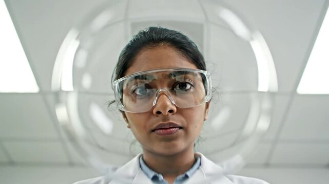 The video shows a female researcher in safety goggles and a lab coat moving her head in various directions&mdash;tilting side to side, looking up, and staring intensely&mdash;within a brightly lit, modern scient