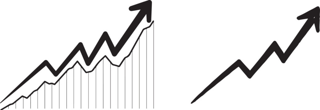 A graphic illustration of two upward trending arrow charts on a white background vector silhouette