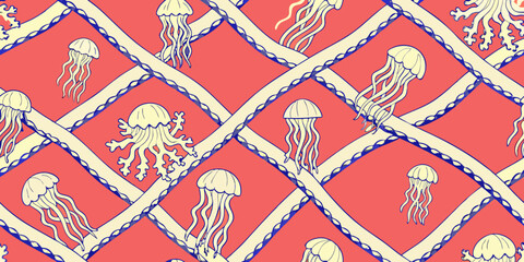 Repeating pattern of jellyfish within a blue diamond lattice on red © Anik