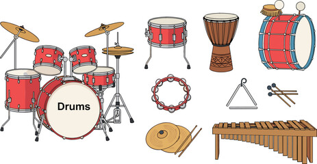 Percussion instrument collection featuring full red drum kit snare drum djembe bass drum tambourine triangle cymbals and xylophone for music education and band vector. © MdEmdadul