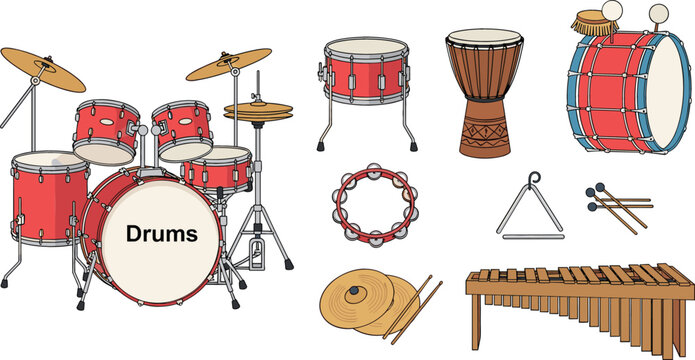 Percussion instrument collection featuring full red drum kit snare drum djembe bass drum tambourine triangle cymbals and xylophone for music education and band vector.