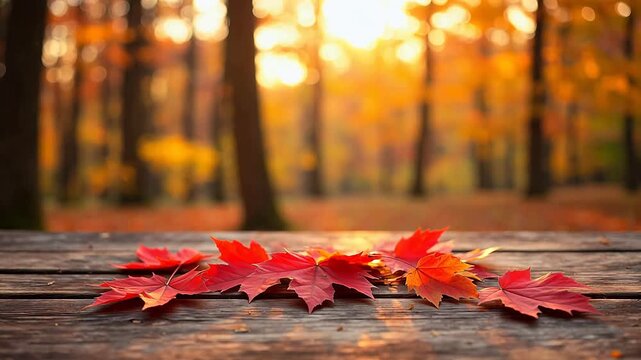 Autumn leaves on wooden surface in forest