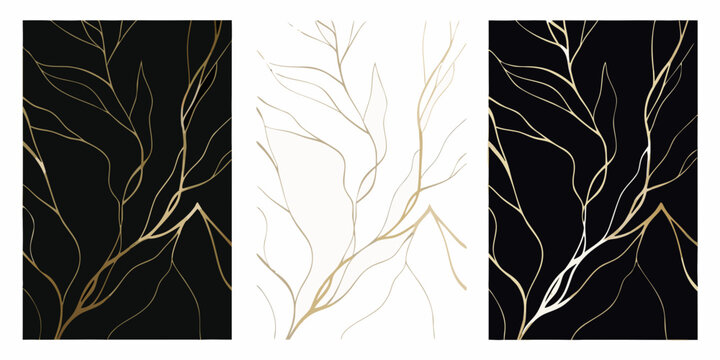 Abstract triptych featuring golden branches against dark and white backgrounds