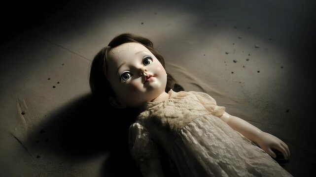 A creepy doll lies on the floor, surrounded by darkness, with a haunting gaze and a white dress, viewed from above, in a dimly lit environment.