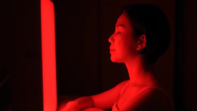 Red light therapy session with bio light therapy panel illuminating an Asian woman in serene meditation and relaxation for wellness and skin rejuvenation video footage