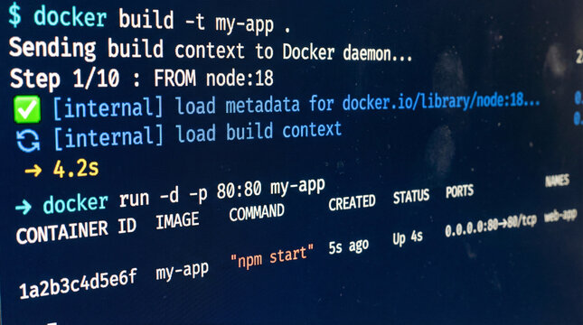 A macro shot of a computer screen showing a "Docker" container deployment process with terminal commands and status icons in a dark blue theme.