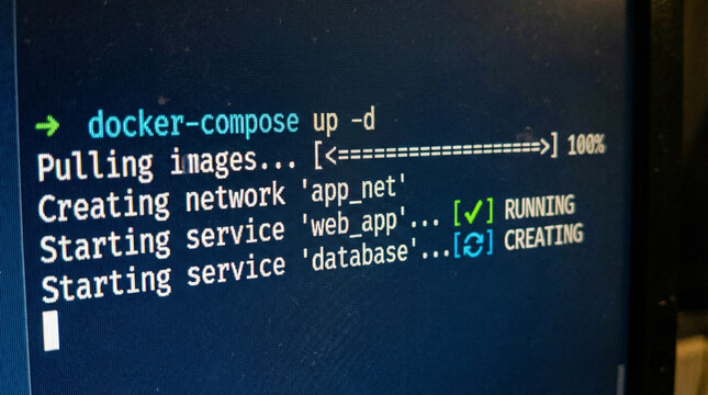 A macro shot of a computer screen showing a "Docker" container deployment process with terminal commands and status icons in a dark blue theme.