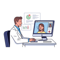 Illustration of a male doctor in a white coat video conferencing with a female patient on a computer in a clinical setting with charts and graphs.