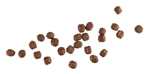 Flying chocolate corn balls breakfast isolated on a transparent background. Full depth of field. PNG.	