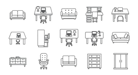 Furniture Icon Set Vector with Sofa, Desk, and Wardrobe for Interior Design and Home Decor Concept