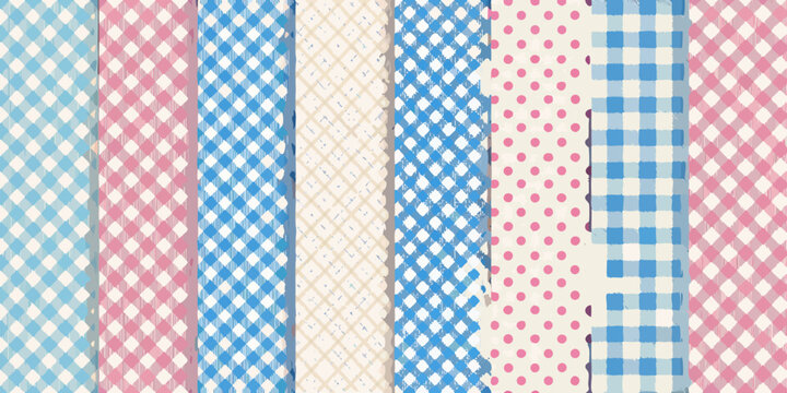 Colorful gingham and polka dot patterns arranged in vertical stripes
