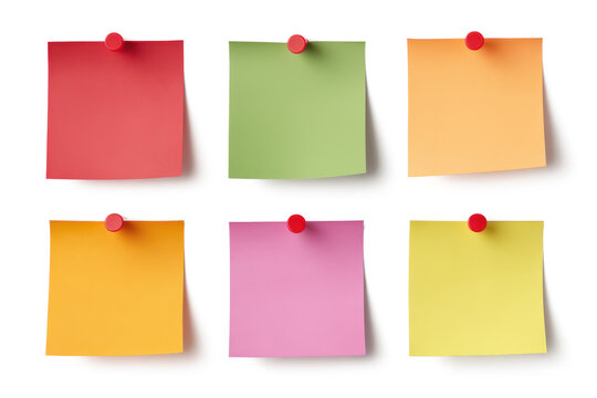 set of shaded blank colorful sticky notes with pushpins isolated on white or transparent png 