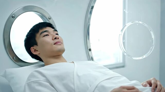 Young Asian man peacefully lying in a transparent hyperbaric oxygen therapy chamber in a bright futuristic medical setting symbolizing advanced therapeutic relaxation and healing care video footage