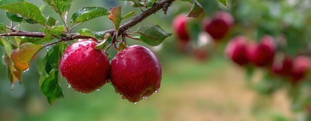 Obraz premium The Apples on a Dewy Branch in a Lush Orchard at Sunrise