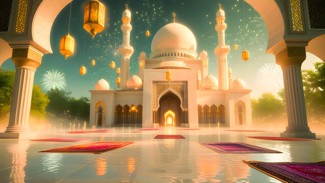 Serene Mosque Night Scene With Prayer Mats Lantern Reflections And Festive Fireworks Artwork
