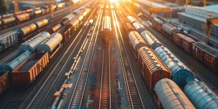 Train terminal with sunset light and many rail tracks