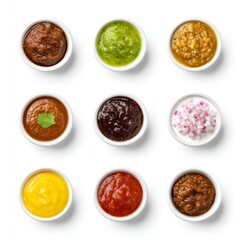 Variety of vibrant sauces arranged in a grid pattern on a white background for culinary inspiration and food presentation