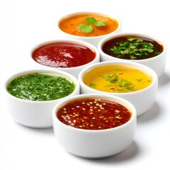 Vibrant and Colorful Collection of Various Sauces and Dips in White Bowls Perfect for Culinary Presentation
