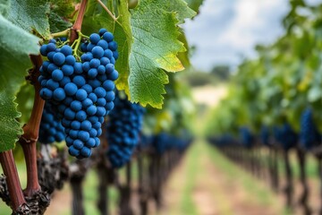 Naklejka premium Close up of blue grapes hanging from a branch in a vineyard