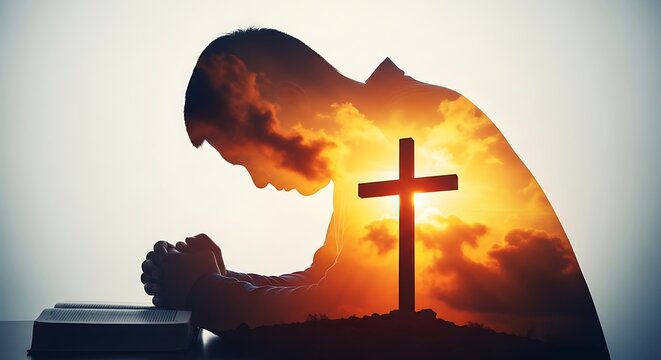 Double exposure of a man praying with a cross and a sunset sky, representing faith and spiritual devotion for religious concept.