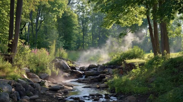 Serene forest scene Stream cascades over rocks, sunlight filters through trees, mist rises