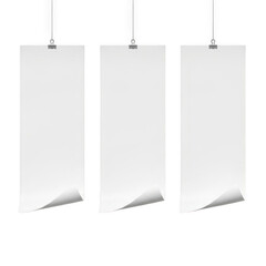 Three white rectangular objects suspended from above against a white background.
