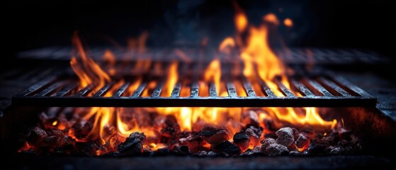 The Grill with Glowing Charcoal and Dramatic Flames Ready for Barbecue