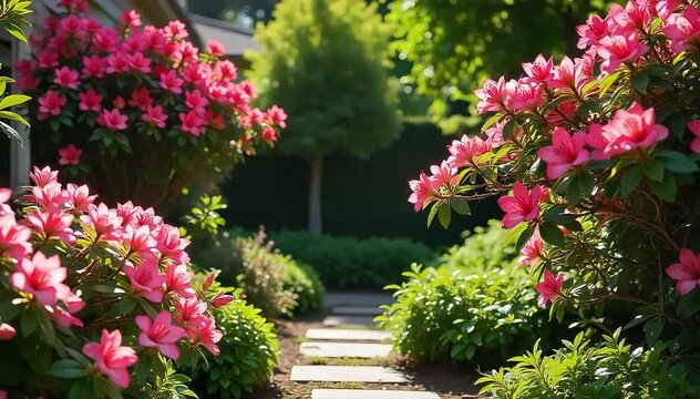 A backyard garden filled with mature oleander shrubs bearing abundant colorful blooms 