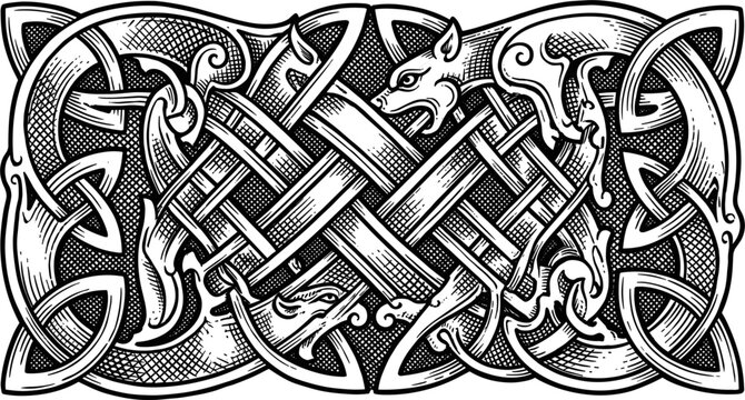 Intricate Interlacing Celtic Knotwork With Mythical Beast Heads And Animal Figures In Black And White Line Art