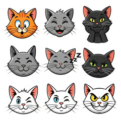 A grid of nine cartoon cat faces with different expressions and colors.