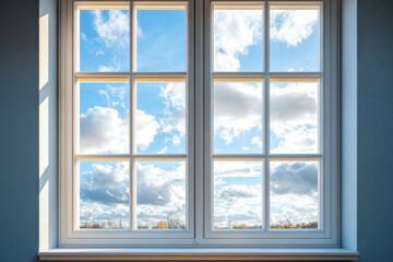 Bright blue sky with fluffy white clouds seen through a window