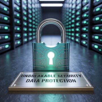 Glowing digital padlock in a secure server room representing unbreakable data protection and cyber security