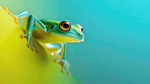 Green tree frog slowly climbs over yellow diagonal edge on turquoise studio background close up