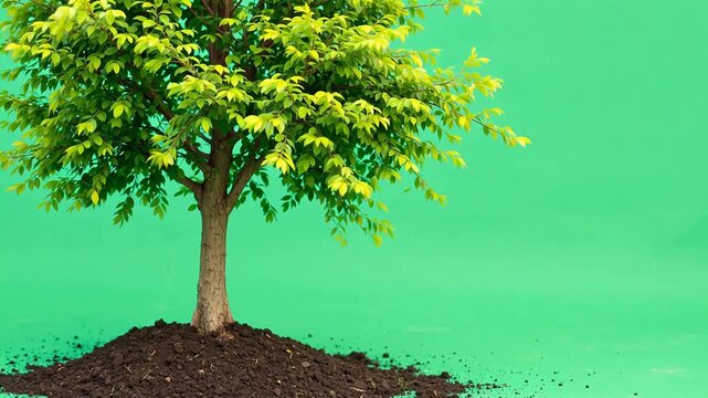 Small tree in soil against green background