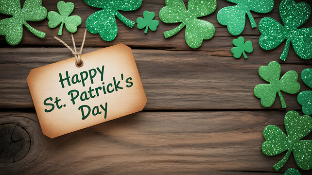 Happy St. Patrick's Day message on a rustic wooden background surrounded by shamrocks
