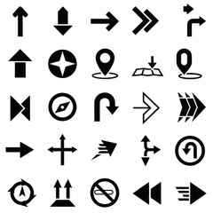 A collection of navigation and direction icons in black on a white background.