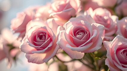 Pink Rose Bouquet: Close-up of delicate pink roses, their soft petals bathed in sunlight, radiating elegance and beauty.