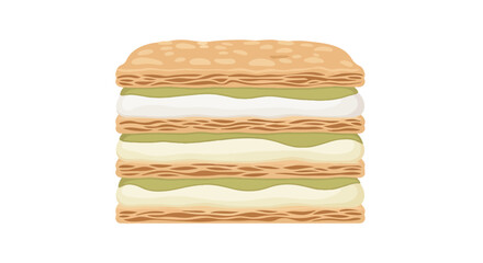 Fototapeta premium Vector illustration of a sweet layered dessert, possibly a mille-feuille or napoleon, with light green and white cream, isolated on a clean background.