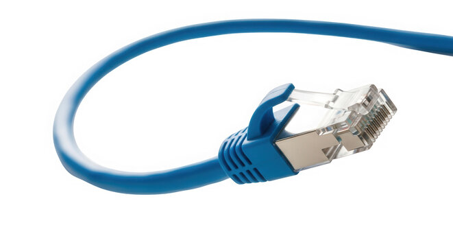 Close-up of a blue ethernet cable with rj45 connector coiled against a dark backdrop isolated on transparent background
