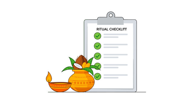 Diya and Kalash with Ritual Checklist on Clipboard