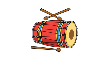 Red dholak drum with sticks, Indian percussion instrument