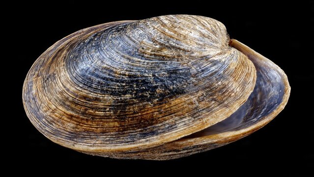Close-up studio shot of a single, empty clam shell with intricate patterns and textures against a black background, highlighting its natural beauty and detail.