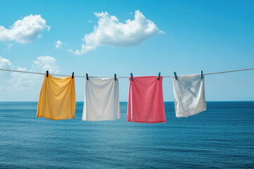 Colorful laundry drying on a line against a blue ocean backdrop