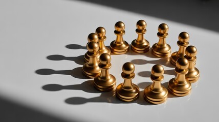Golden chess pawns arranged in a circular formation casting long shadows on a bright white surface, symbolizing teamwork and strategy.
