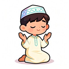 Young Muslim boy praying in traditional attire kneeling