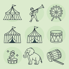 Line of circus including tents elephant and musical instruments line black and white © RABBY