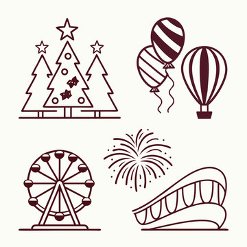 Maroon line of christmas trees ferris wheel balloons hot air balloon fireworks and roller coaster